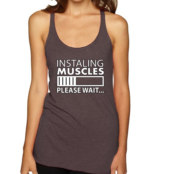Wild Bobby Installing Muscles Please Wait Gym/Workout Women Tri-Blend Racerback Tank Top, Brown, Small
