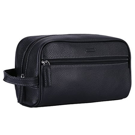 Banuce Black Genuine Leather Hanging Toiletry Bag for Men Portable Travel Organizer Kits
