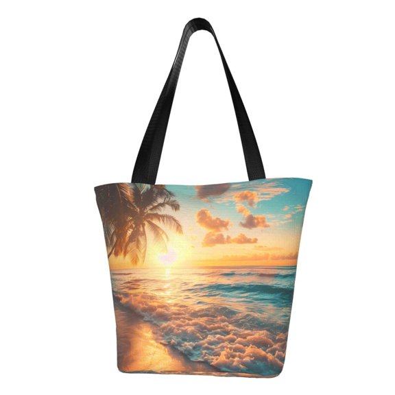 Defioc Tropical Sunset Beach Scene Print Tote Bag for Women,Shoulder Bag with Zipper Casual Tote's Handbag Big Capacity Shoulder Bag with Inner Pocket Fit for Shopping,Office,Travel