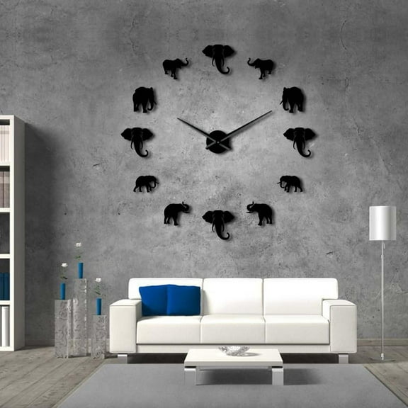 Jungle Animals Elephant DIY Large Wall Clocks Home Decor Modern Design Mirror Effect Giant Frameless Elephants DIY Clock Watch(Black,27inch)