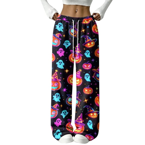 Womens Halloween Pajama Pants Soft Flannel Funny Bat Print Pj Bottoms | Halloween Costumes Women, Drawstring Waist, Straight Wide Leg, Cute Ghost Print, Loose Fit, Lounge, for Sleep Black,S