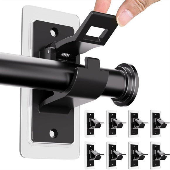 8Pcs No Drill Curtain Rod Brackets, Curtain Hangers, Nail Free Adjustable Curtain Rod Holder for Bedroom Bathroom B,8Pcs x No Drill Curtain Rod Brackets,Black