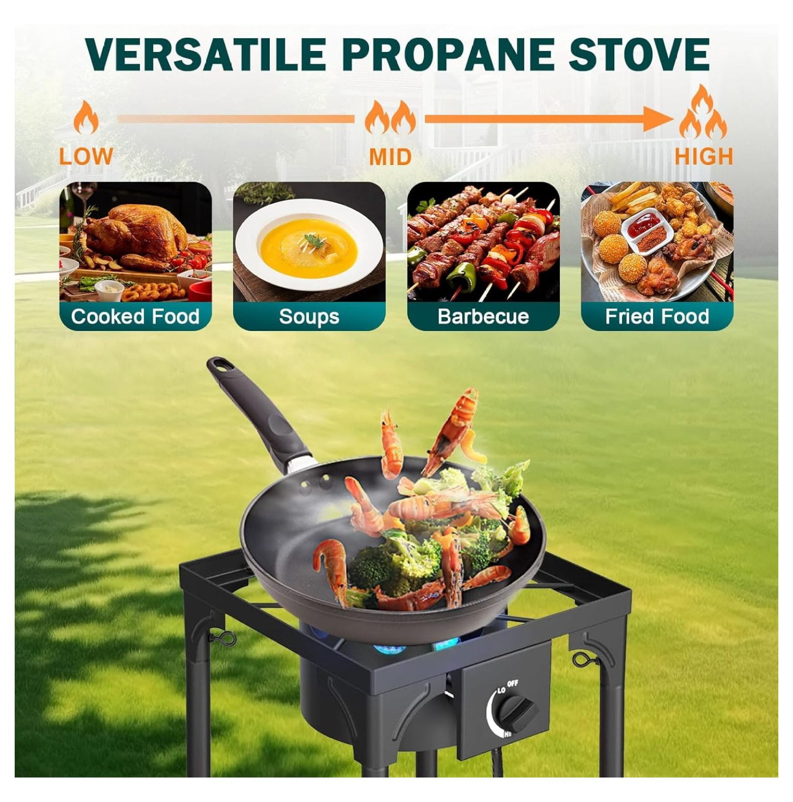 Outdoor Gas Stove 1 Burner, 75000 BTU/hr, High Pressure Outdoor Stove with 0-20 PSI Adjustable Regulator and 4ft Hose, Propane Stove for Patio Backyard Camping with Detachable Stand Legs