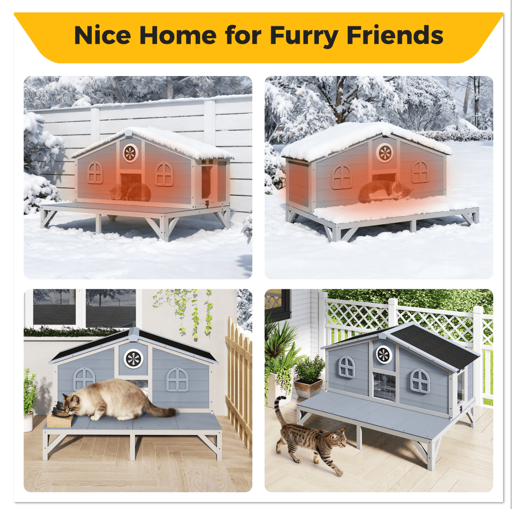 Insulated Wooden Cat House, Indoor Outdoor Cat Enclosure with Large Play Run Waterproof Roof, Fringe Curtain and Doors, Gray