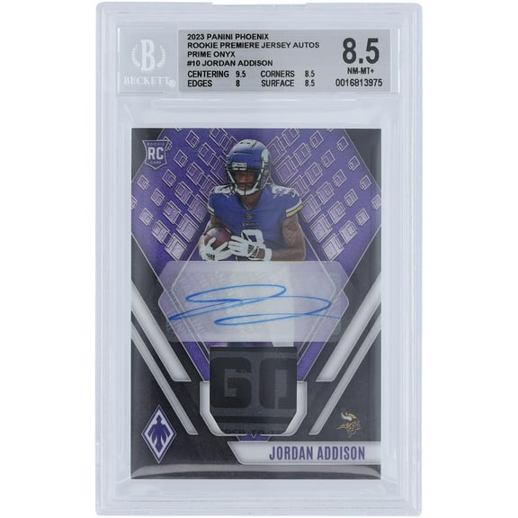 Jordan Addison Minnesota Vikings Autographed 2023 Panini Phoenix Laundry Tag Relic #RAJ-JA #5/5 BGS Authenticated 8.5 Rookie Card - 9.5,8.5,8,8.5 Subgrades - Fanatics Authentic Certified