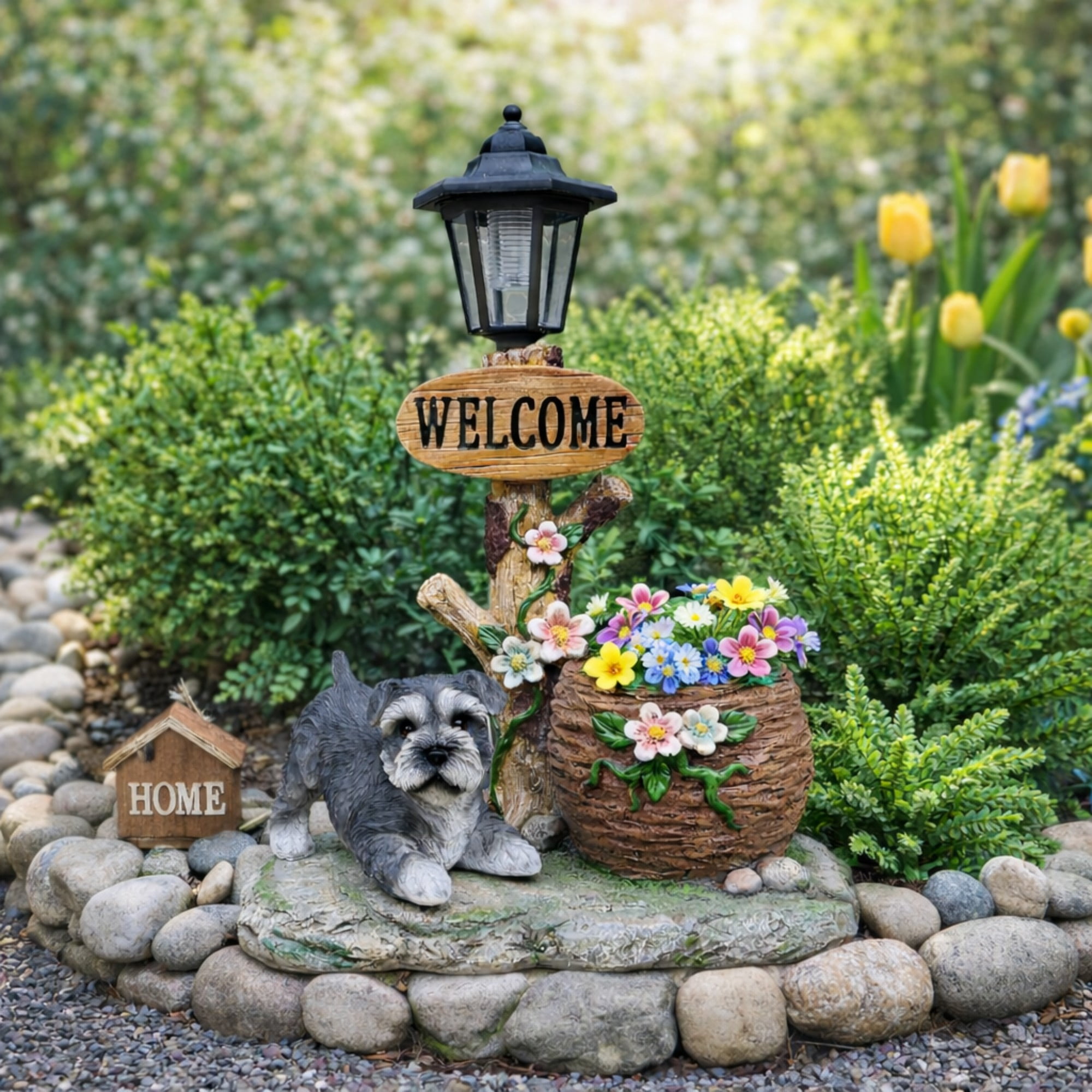 Schnauzer Dog Solar Planter Statue with LED Light, Brown Resin Flower Pot Decor, Garden Yard Patio Outdoor