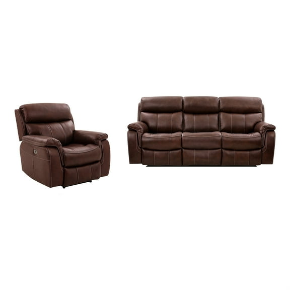 Armen Living Montague Dual Power Reclining 2 Piece Sofa and Recliner Set in Genuine Brown Leather