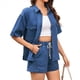 thumbnail image 3 of Conjunto de Mezclilla de Verano para Mujer, 2 Piezas, Informal, de Corta, con Camisa y Pantalones Cortos, para Estar en Oscuro S, 3 of 9