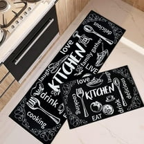 Black Kitchen Rugs and Mats Non Skid Washable Set of 2, Kitchen Doodle White Kitchen Mats for Floor, Cartoon Funny Kitchen Runner Rug, Abstract Kitchen Decor