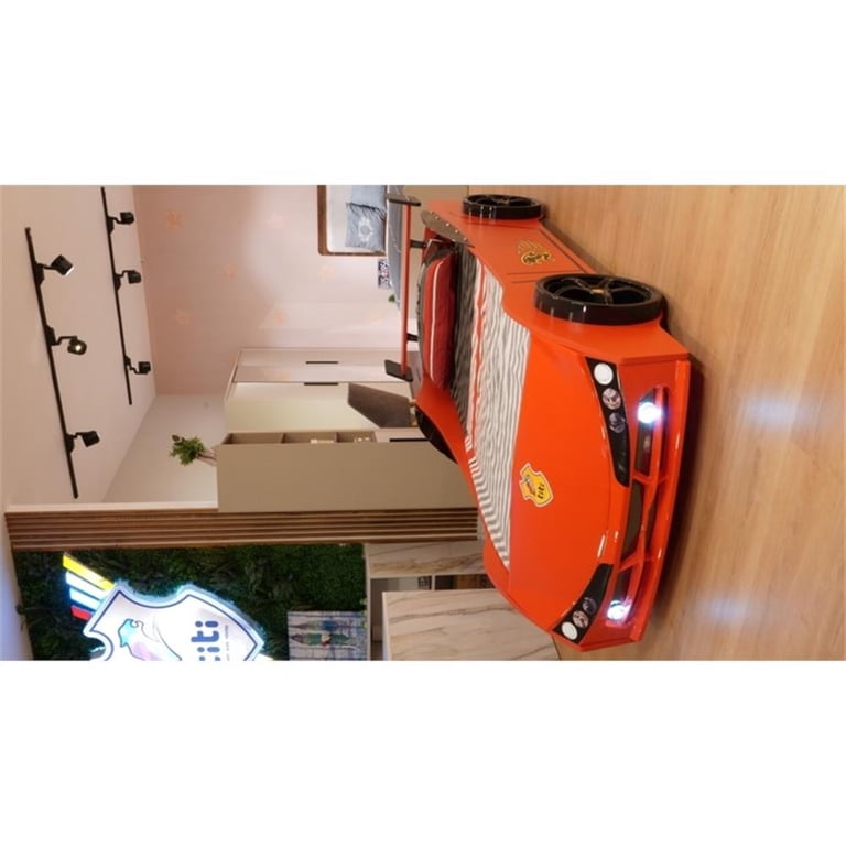 Titi Racer Modern Woody Twin Race Car Bed with LED Headlights in