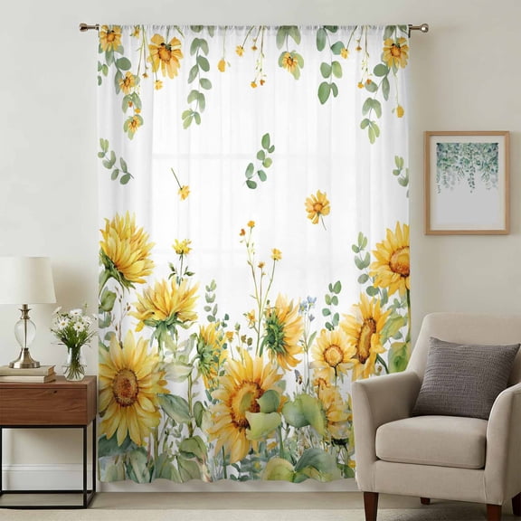Sunflower Sheer Curtains 54 Inches Long, Summer Eucalyptus Botanical Spring Floral Light Filering Curtains, Breathable Simi Curtain Privacy Drapes for Kitchen Bathroom Nursery Small Window Treatment