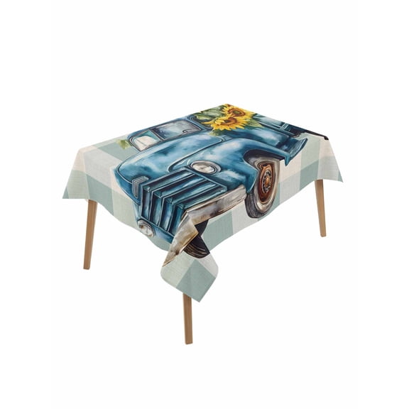 Blue Truck Yellow Sunflower Rectangle Tablecloth, Summer Teal Plaid Vintage Waterproof & StainResistant Tablecloth, Washable Oil-proof Table Cover for Dining/Party/Wedding/Camping/Buffet 52x70 In