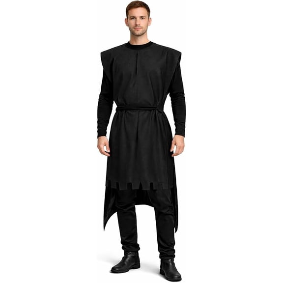 Men’s Renaissance Tabard – Medieval Polysuede Costume Tunic with Belt Tie – Sleeveless Overhead Tabard for Ren Faire, Pirate, LARP, Reenactment & Halloween - Black