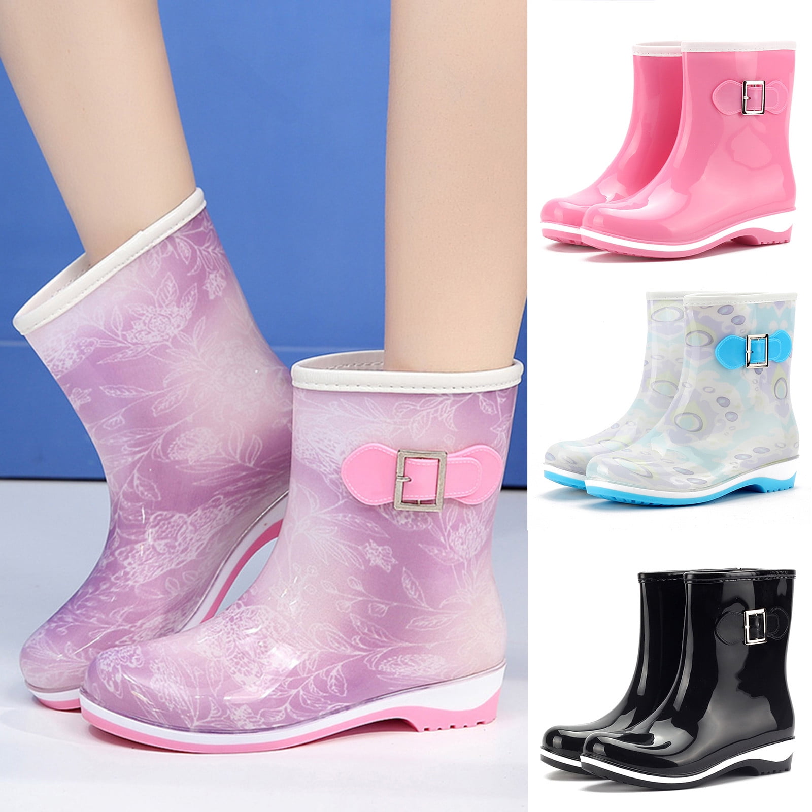 Ruziyoog Women Waterproof Rain and Garden Boot Women Waterproof Rain Shoes Fashion Plastic Low Heel Jelly Color Hasp High Boots Pink 38