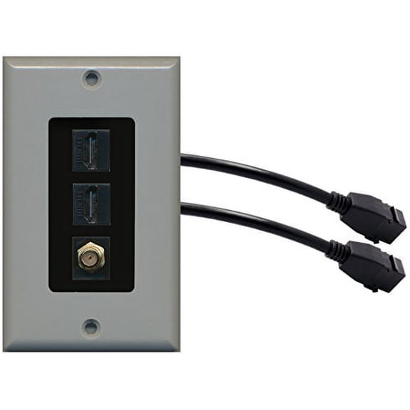 RiteAV (1 Gang Decorative 2 HDMI Black Coax Wall Plate w/Pigtail Extension Cable Gray (Black Insert)
