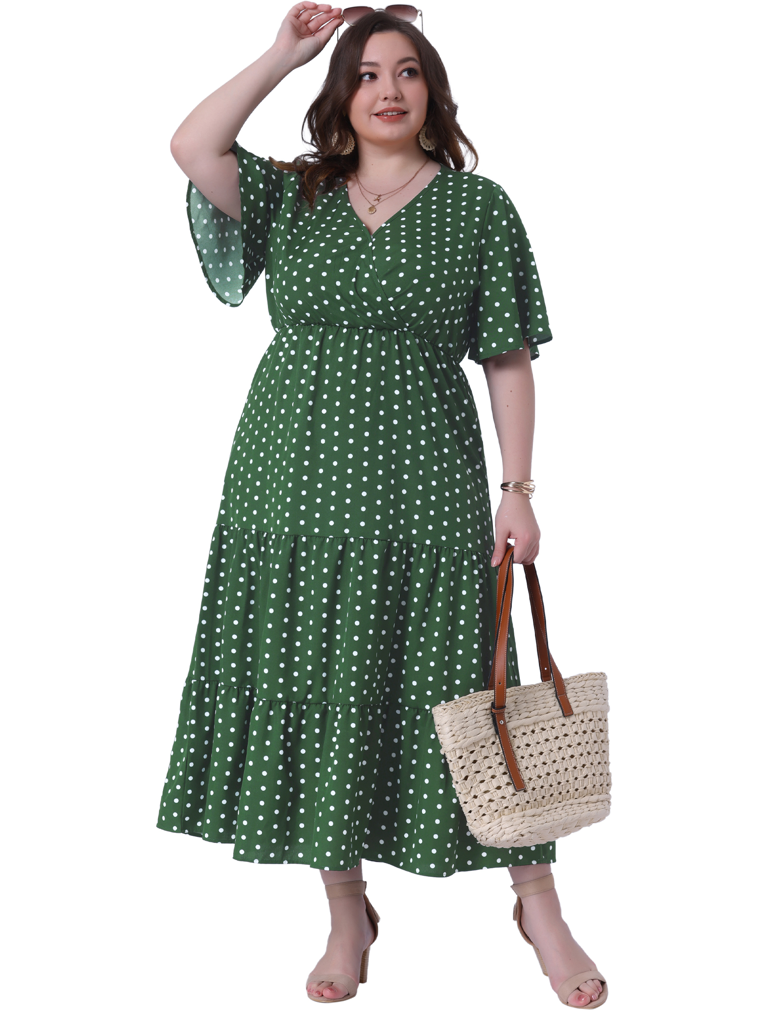 DARING DIVA Plus Size V Neck Short Sleeve Wrap Polka Dot A-Line Dress 4X Olive Green