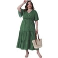 thumbnail image 3 of DARING DIVA Plus Size V Neck Short Sleeve Wrap Polka Dot A-Line Dress 1X Olive Green, 3 of 6