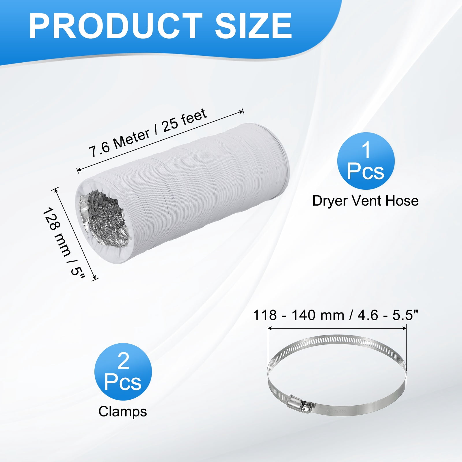 Uxcell 5 Inch Air Duct, 25Ft Length Dryer Vent Hose Flexible Aluminum Ducting for HVAC Include 2 Clamps, White