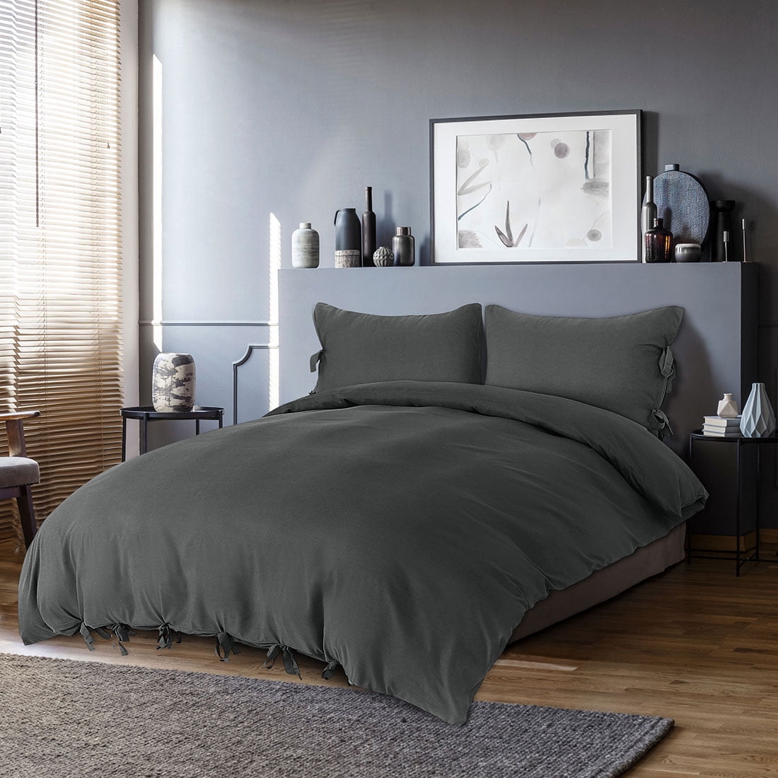 PiccoCasa 3 Piece Bow Tie Duvet Cover Bedding Set with 2 Pillowcases Queen Dark Gray
