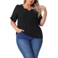 thumbnail image 4 of Blusas de verano casuales de mujer plus size Agnes Orinda, con textura plisada, cuello en V con muesca y mangas cortas con volantes, talla 4X, color negro, 4 of 6