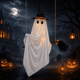 thumbnail image 2 of 5 FT DIY Hanging Swing Ghost Halloween Decor, Light-Up Flying Ghost on Broomstick with Witch Hat, Spooky Cute Outdoor Halloween Decorations for Front Porch Yard Tree, 2 of 11