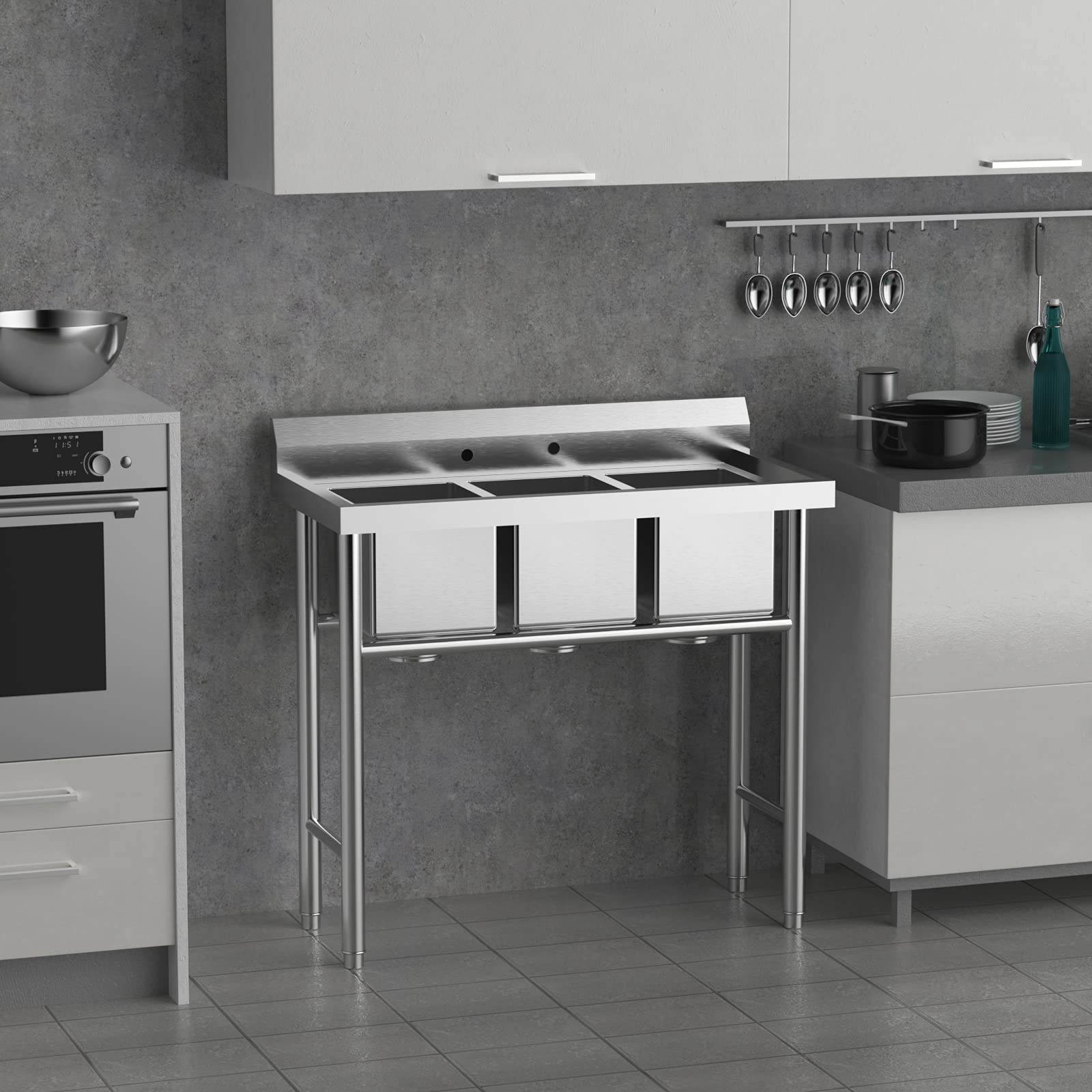 Ktaxon Freestanding 39" 3 Compartment Commercial Stainless Steel Sink, Silver, for Laundry Room, Kitchen