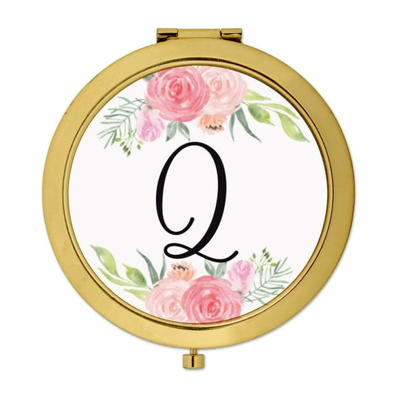 Koyal Wholesale Compact Mirror Bridesmaid's Wedding Gift, Gold, Monogram Letter Q, Peach and Pink Roses, 1-Pack