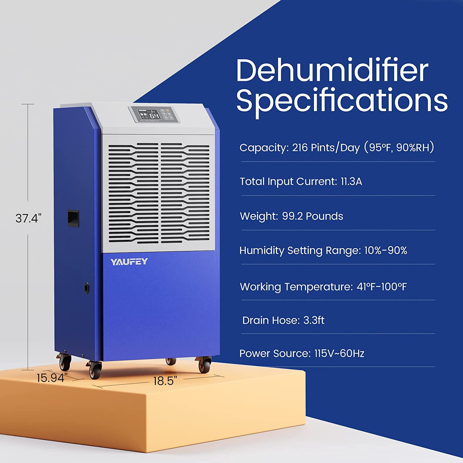 Waykar 216 Pint Commercial Dehumidifier with Wheels & Drainage for Spaces up to 8,500 Sq. Ft - Basements & Warehouses