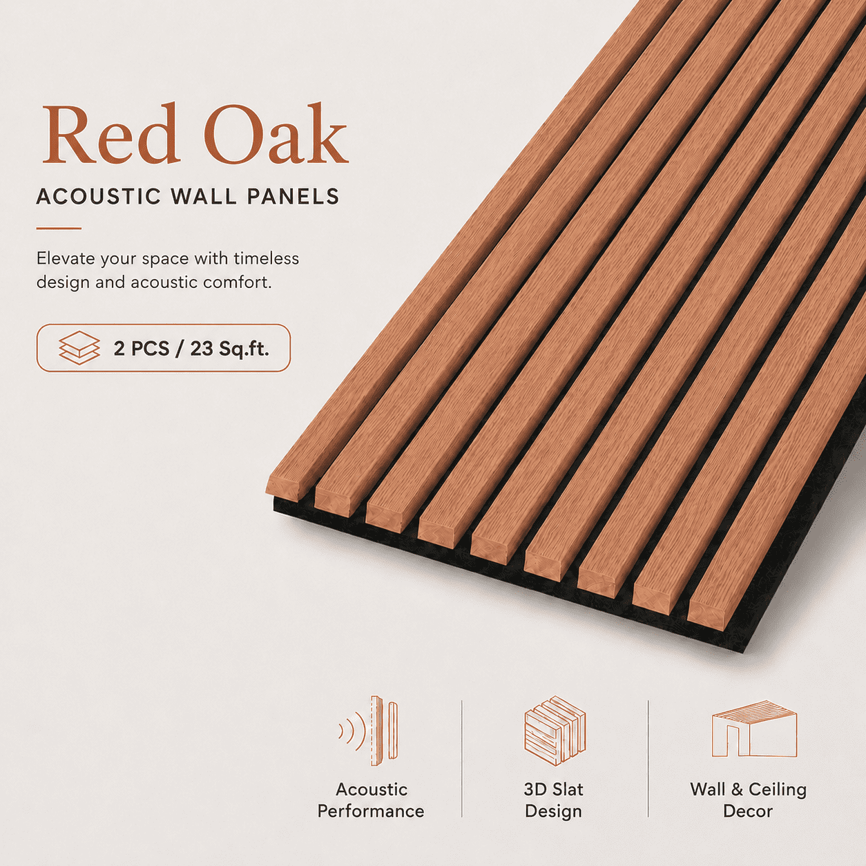 2PCS 16''x104'' Wood Slat Acoustic Wall Paneling for Interior and Ceiling Decor,23Sq.ft,Red Oak
