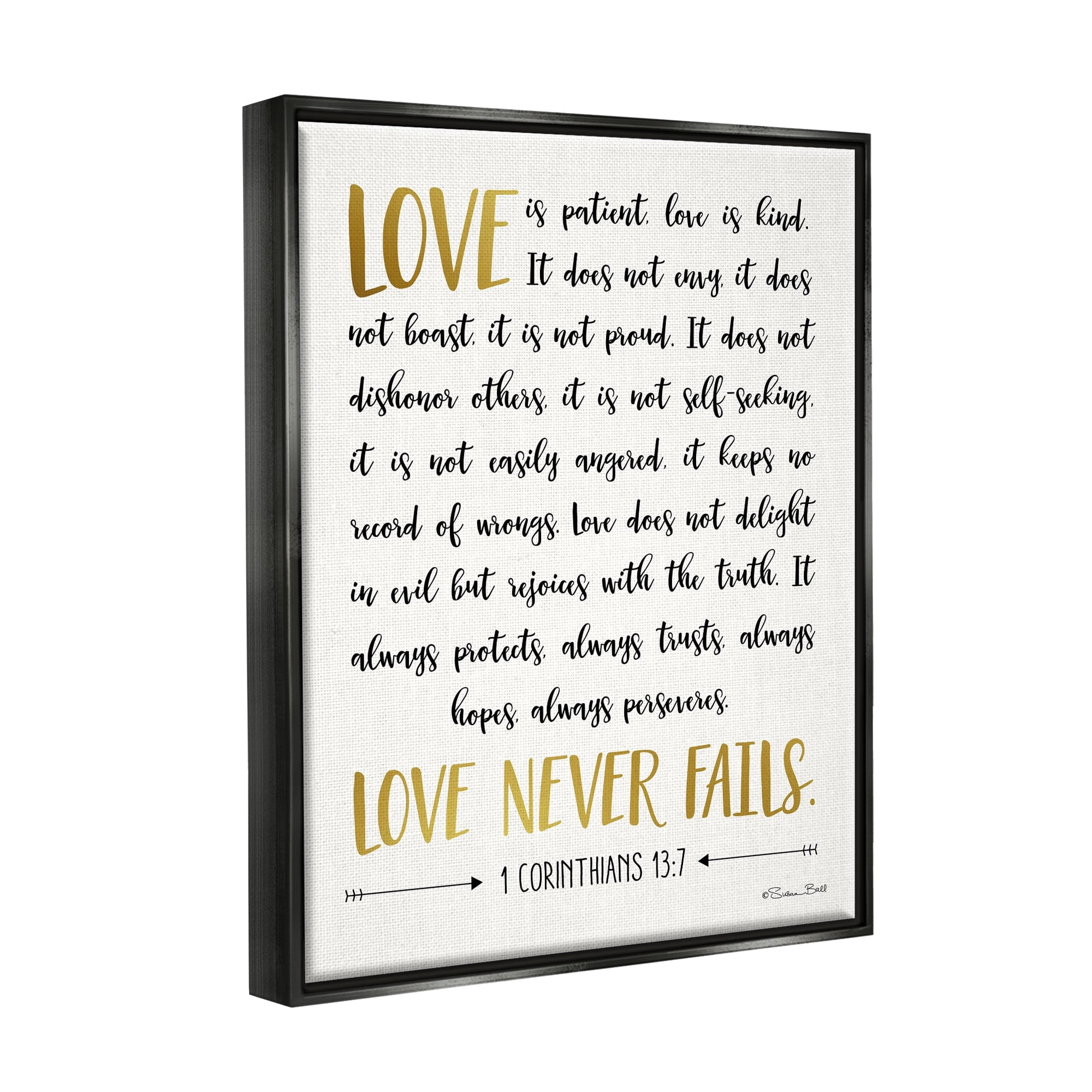 Stupell Industries Love Is Patient Psalm Faith Based Word Design Jet Black Framed Floating Canvas Wall Art, 24x30, by Susan Ball