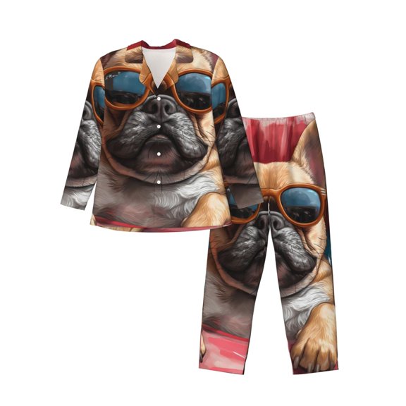 Logiee French Bulldog In Sunglasses Print Mens Long Sleeve Pajama Set,Notched Collar Pajamas for Men, Men's Sleepwear,Mens Sleepwear with Pockets & Button Down-X-Large