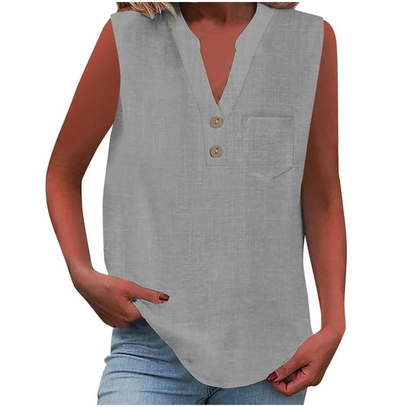 Summer Tops for Women 2026 Trendy Sleeveless Cotton Linen Tank Top Casual Button V Neck Tunic Blouses Basic Shirt with Pocket