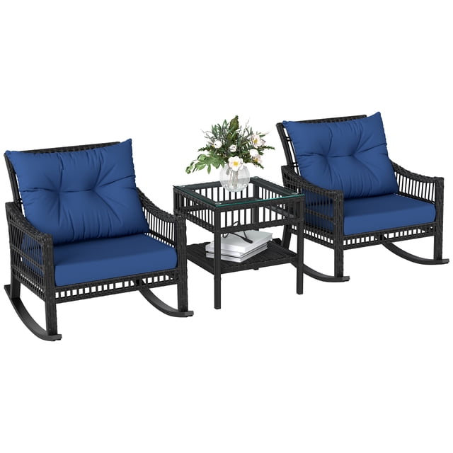 Outsunny 3 Pieces PE Rattan Rocking Chair Set, Outdoor Rocker Chair, Blue