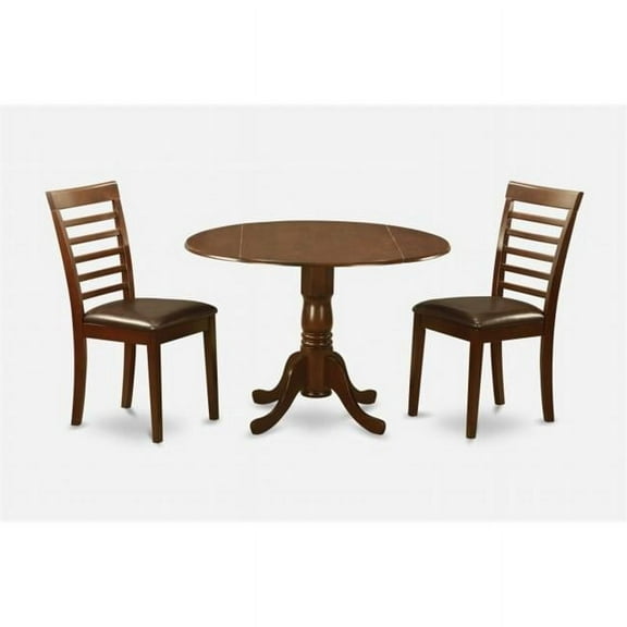 East West Furniture DLML3-MAH-LC 3PC Kitchen Round Table with 2 Drop Leaves and 2 Ladder-back Chairs with Faux Leather Seat in