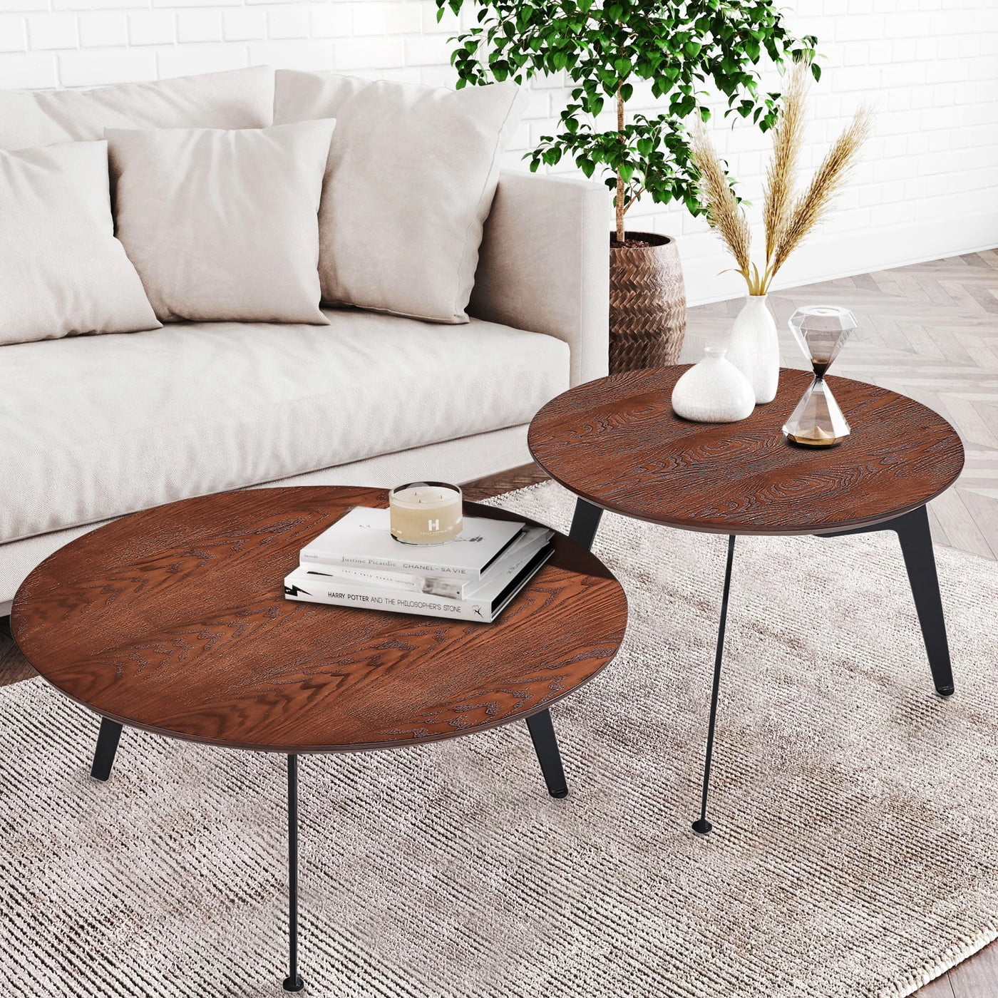 Musser Nesting Round Coffee Table Set of 2 Wood Finish Table Living