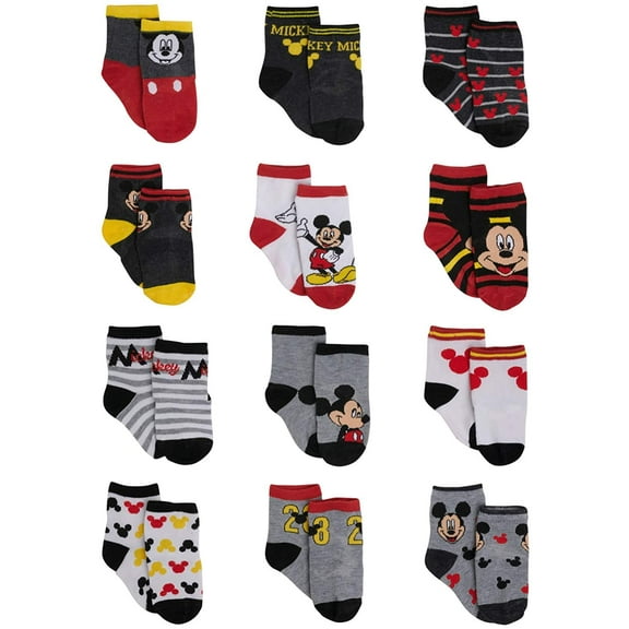 Disney Baby Boys Mickey Mouse Assorted Color Design 12 Pair Socks Set, Age 0-24 Months
