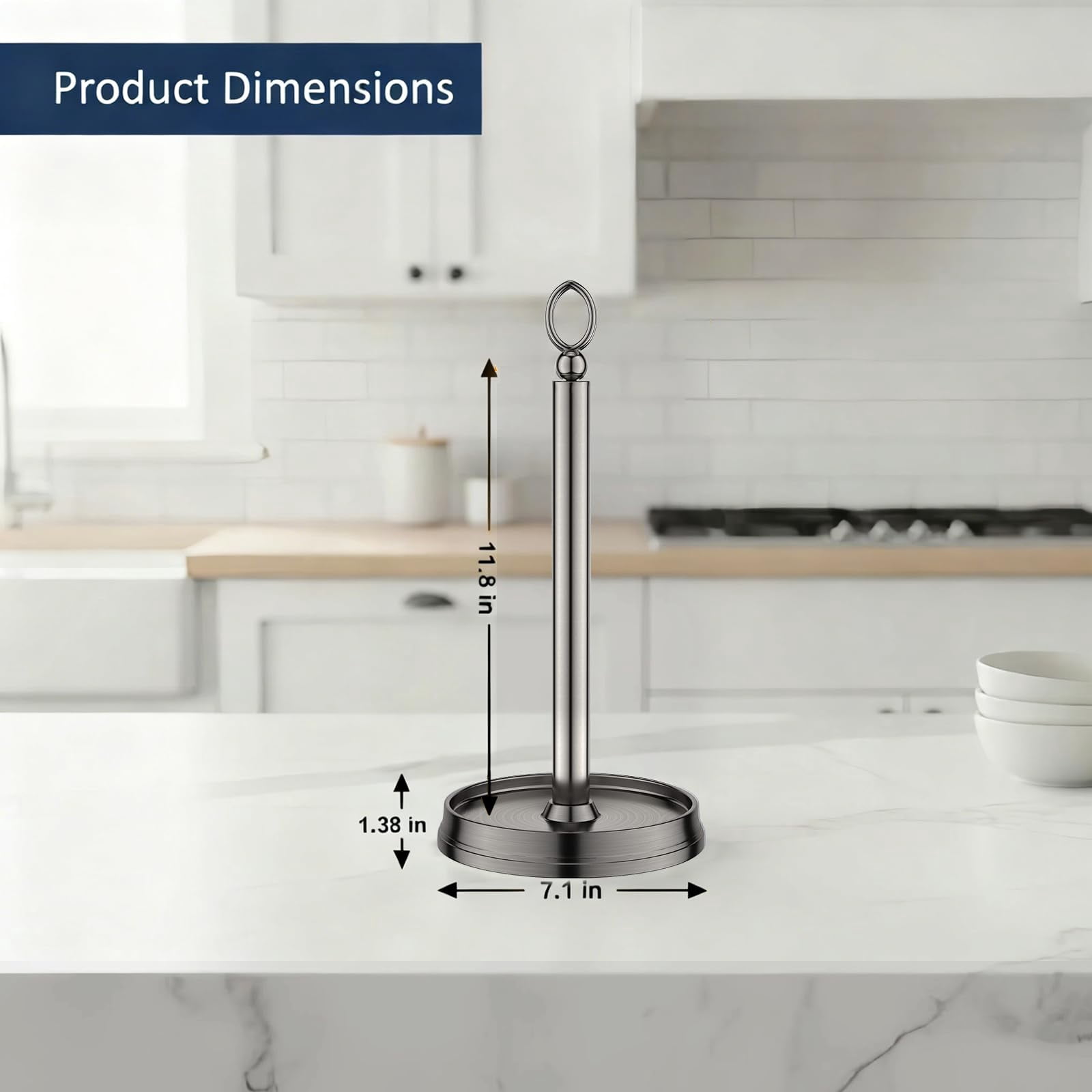 Paper Towel Holder With Heavy Weighted Base - Steel Countertop Stand For Kitchen  Bars & Dining Tables Fits Standard Rolls Brushed Nickel