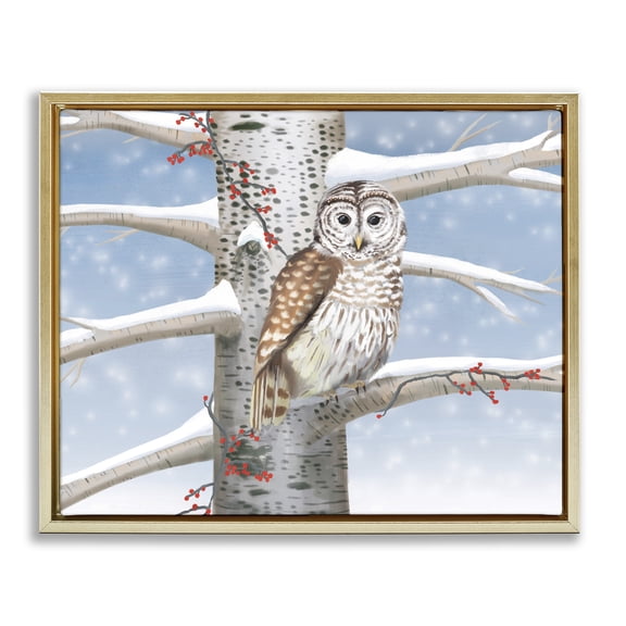 Stupell Industries Rustic Lodge Snowy Birch Tree Owl Gold Floating Frame Canvas Art, 21 x 17, by Caro Windmuller