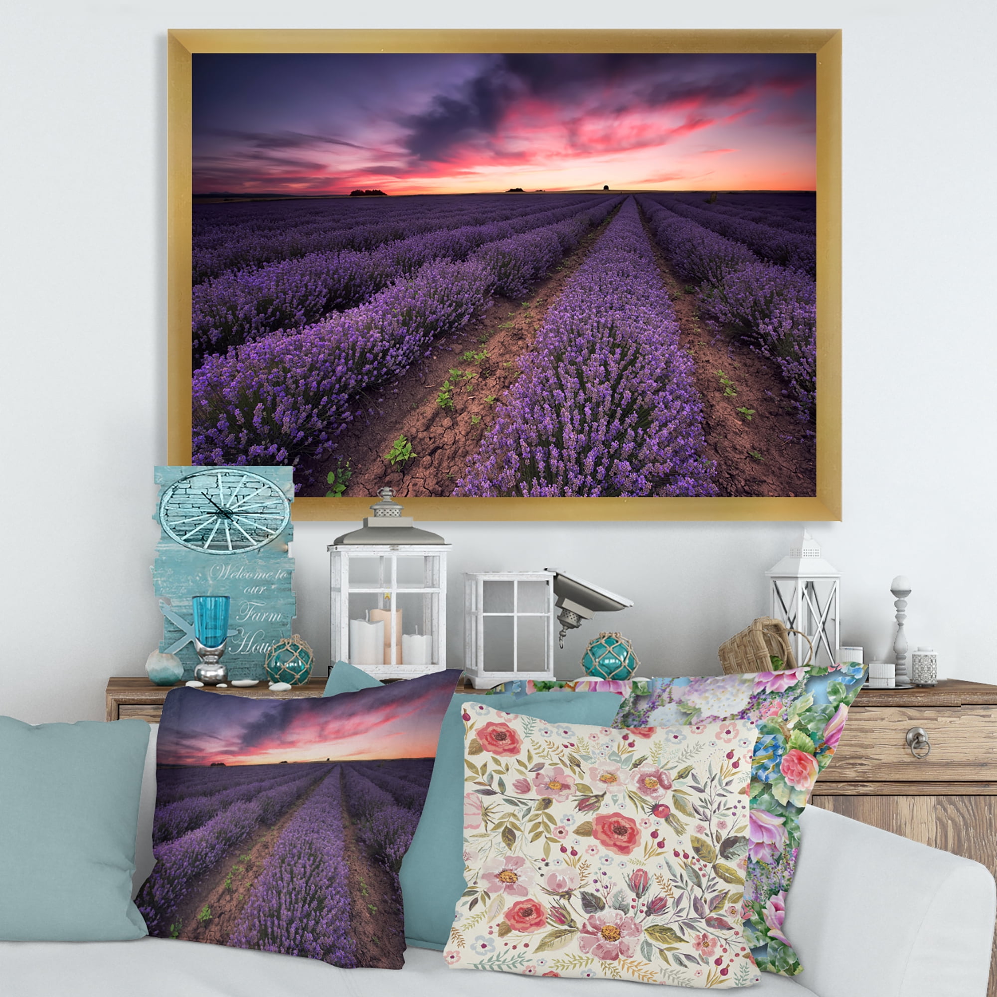 Designart 'Dramatic Clouds and Sunrise Over Lavender Field IX' Farmhouse Framed Art Print