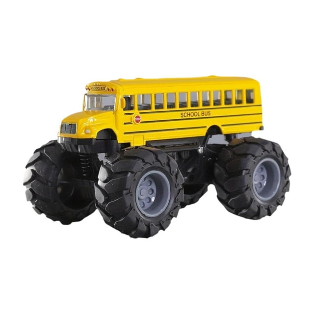 autobús escolar de juguete, camión monstruo, portátil, resistente, creativo, rueda grande, coche de juguete, autobús amarillo fundido a presión, jugue Vista 3/4 frontal de un autobús escolar amarillo fundido a presión en aleación y PP sobre chasis alto con cuatro ruedas grandes tipo monstruo; franjas laterales y la leyenda "SCHOOL BUS", ventanas y parachoques negros visibles; acción de retroceso según especificaciones. Tamaño 14 cm (5,51 in) x 9 cm (3,54 in) x 8 cm (3,15 in). A menudo se usa como juguete de juego y regalo para niños.