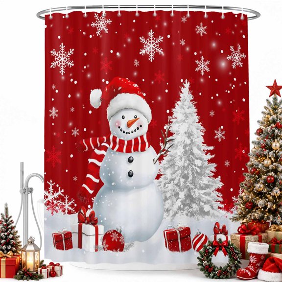 Christmas Tree Winter Snowman Shower Curtain for Bathroom, Red White Fallen Snowflake Waterproof Shower Curtains Washable Quick Dry with Hooks Bathtub Curtains 36x72IN