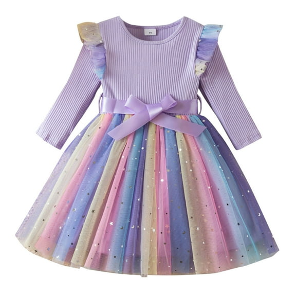 JSGEK Toddler Girl Tulle Long Sleeve Dress Knit Party Bowknot Fall Winter Clothes Purple 5 Years