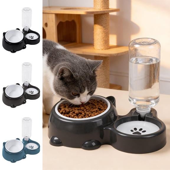 Cat and Dog Bowl with Water Bottle, 2 in 1 Elevated Food and Water Bowl, 15° Tilted Neck Protection, Non Slip No Spill Pet Feeding Station for Small Dogs and Cats