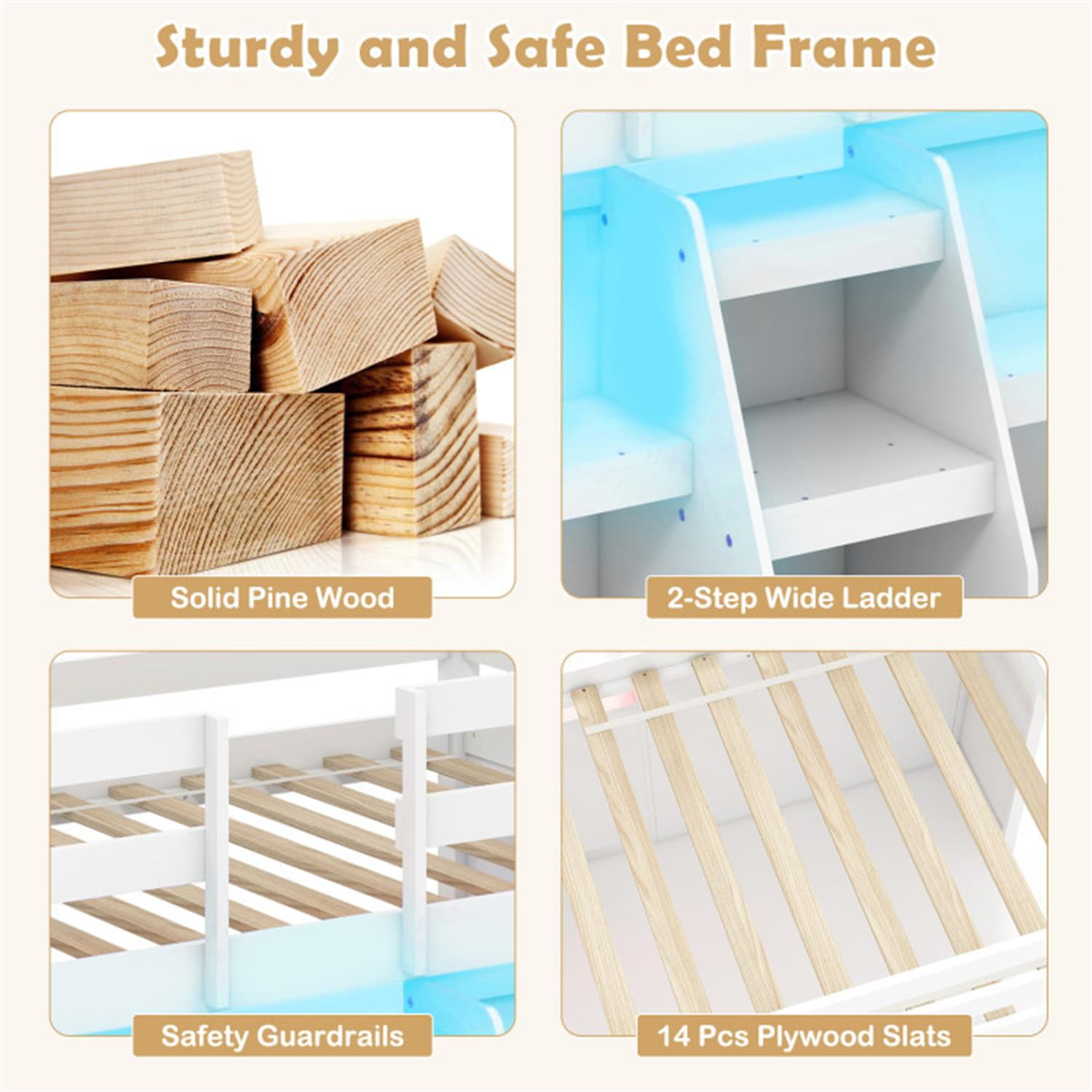 Demi Bonn Twin Size Loft Bed with LED Lights, Wooden Twin Low Loft Bunk Bed with Staircase and Safety Guardrail for Teens, White