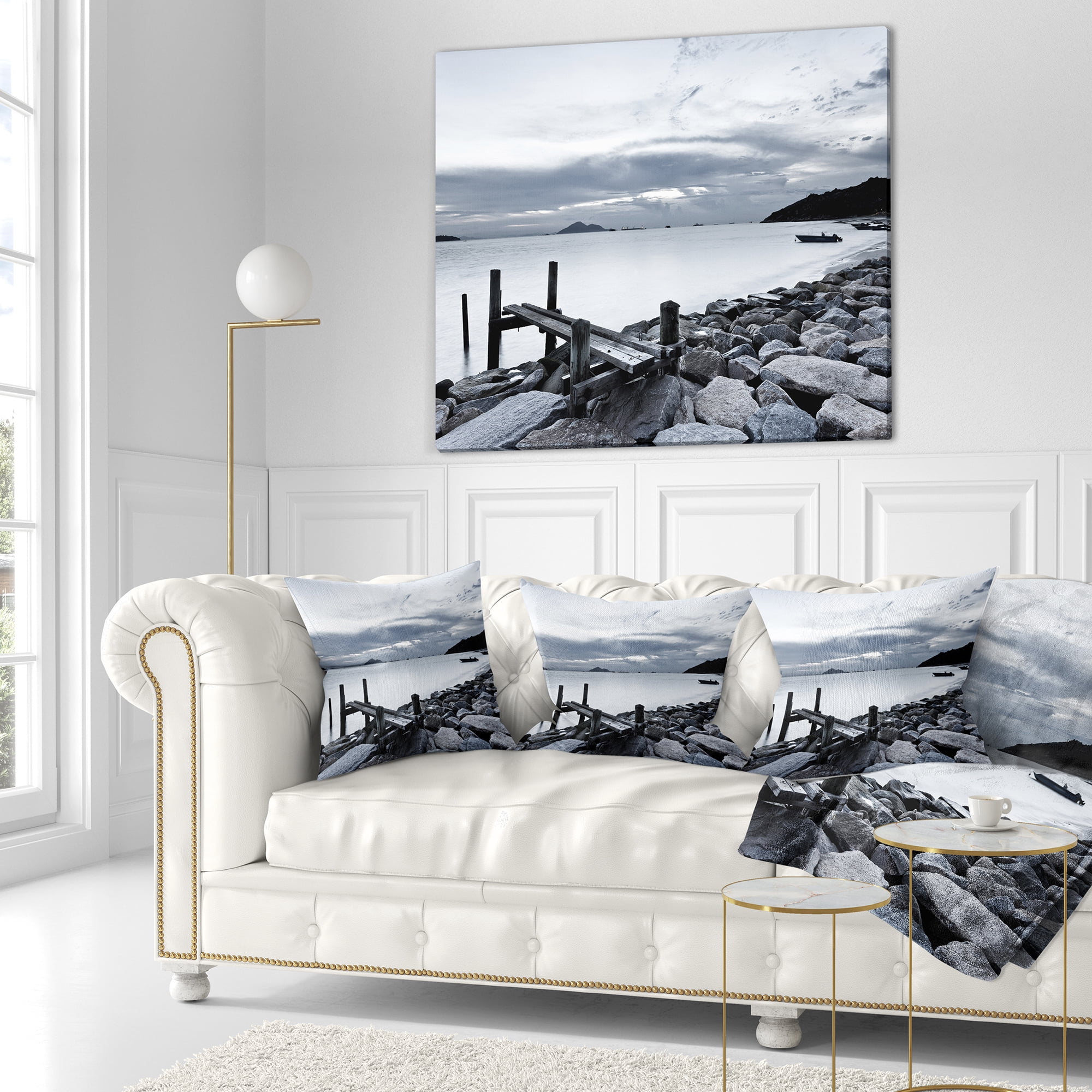 Designart Small Sea Bridge from Rocky Beach - Landscape Printed Throw Pillow - 18x18