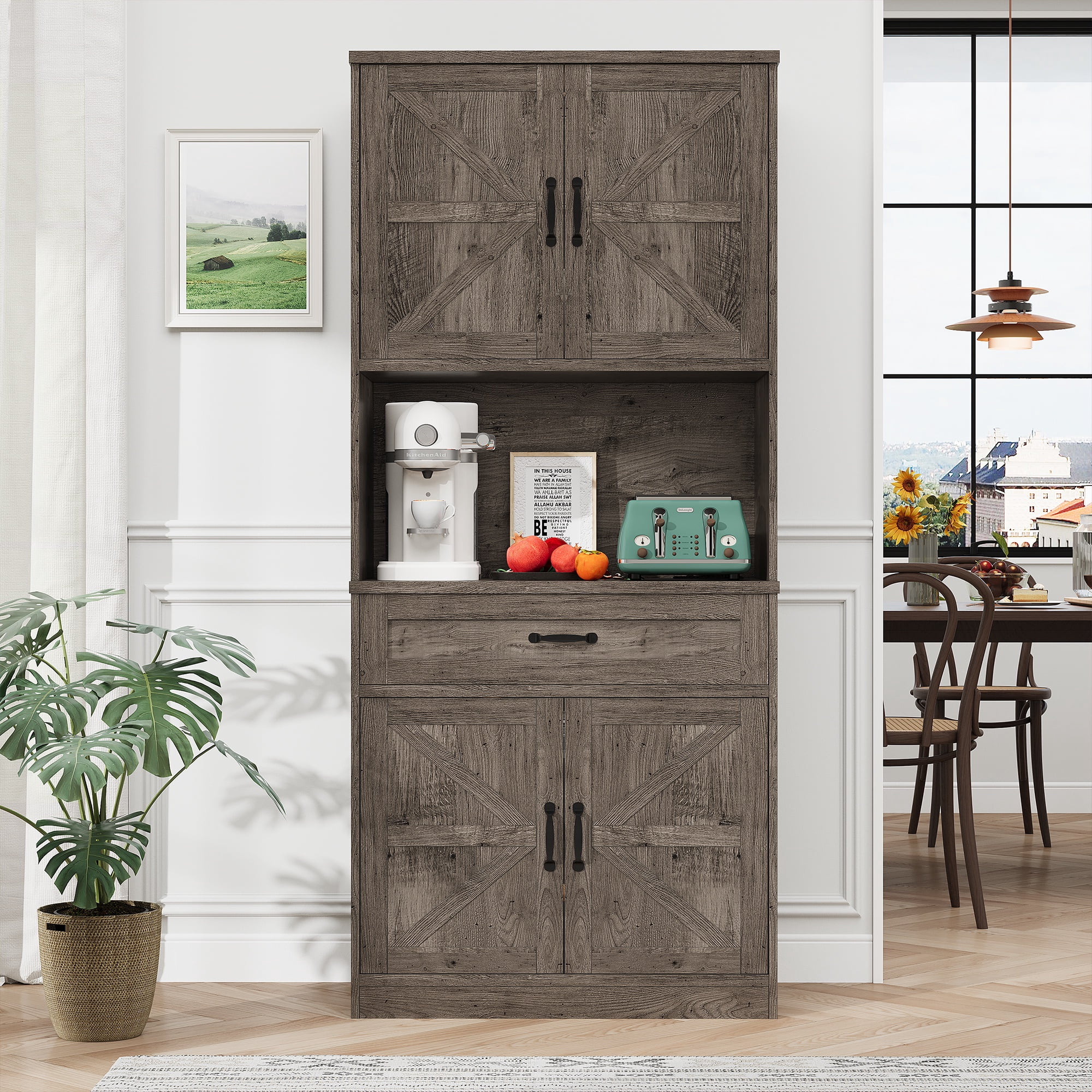 PPorfamilia 71-Inch Farmhouse Kitchen Pantry Storage Cabinet with Drawer and Charging Station, Oak