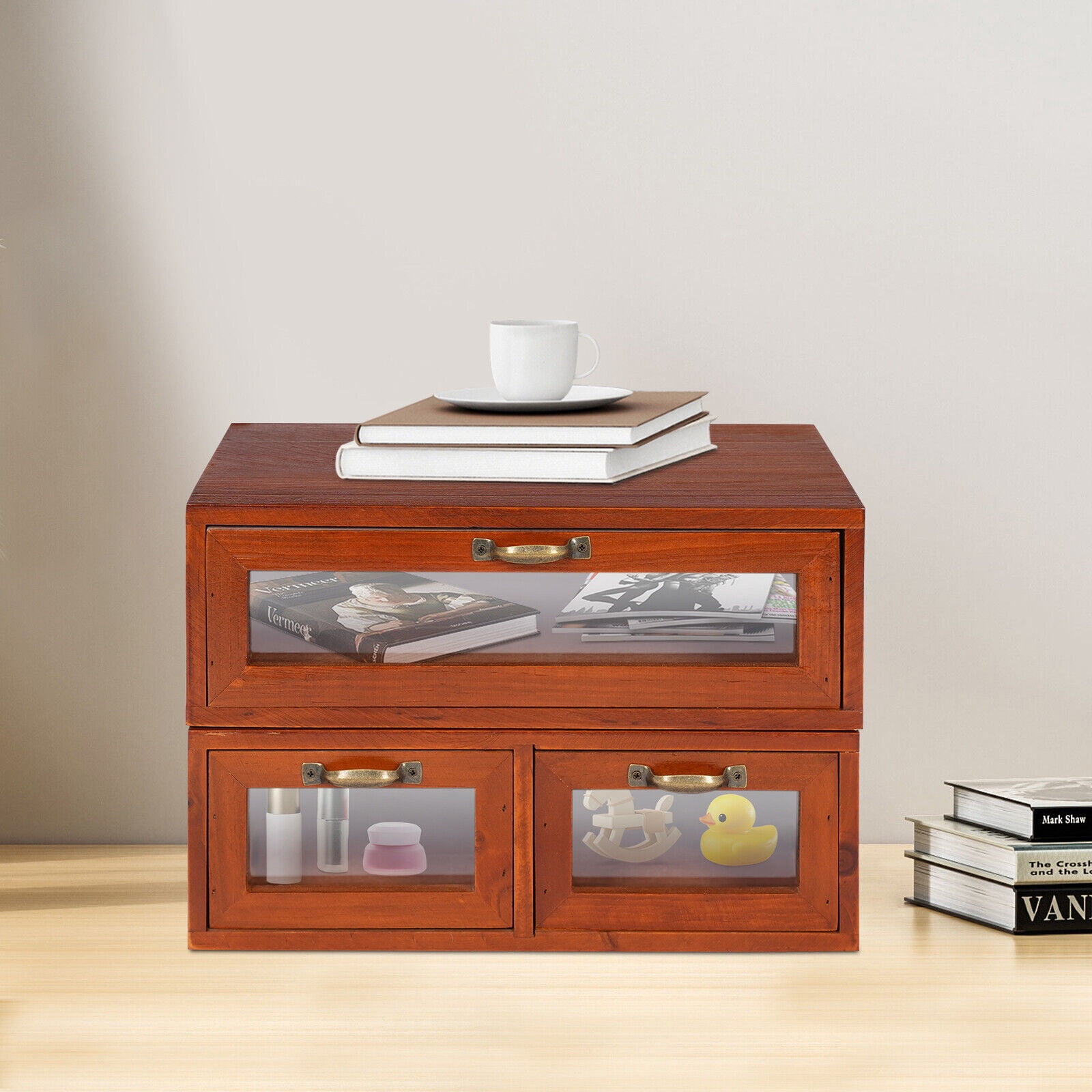 Desktop Storage Box (1+ 2 Drawers) Vintage Desk Organizer Tabletop Storage Organization Box with 3 Drawers for Office