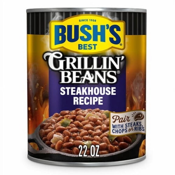 Bush's Best Steakhouse Recipe Grillin' Beans, 22 Ounce, Canned Beans, Beans Canned, Source of Plant Based Protein and Fiber, Low Fat, Gluten Free