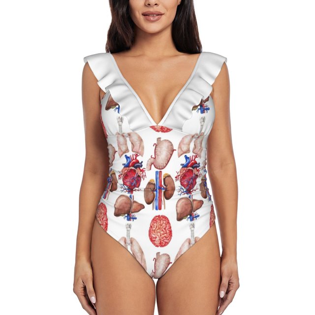Watercolor Anatomy Collection One Piece Swimsuit Women Ruffle Monokini Shoulder Swimsuit Bathing Suit Swim Wear Human Heart
