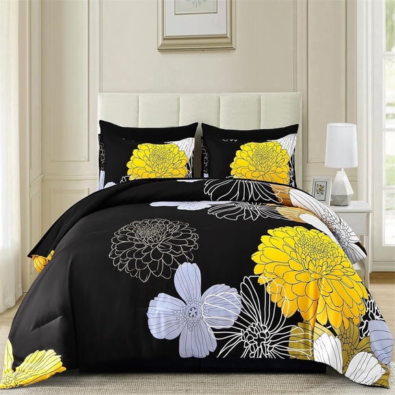 Dinjoy Yellow Black Floral Queen Size Comforter Set Bed in a Bag Bedding Set 7 Pieces 90"x90"